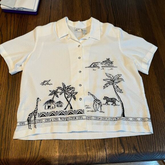 Vintage Rare KORET Embroidered Tropical Giraffe Boxy Top Women sz XL Art to Wear - Picture 3 of 10